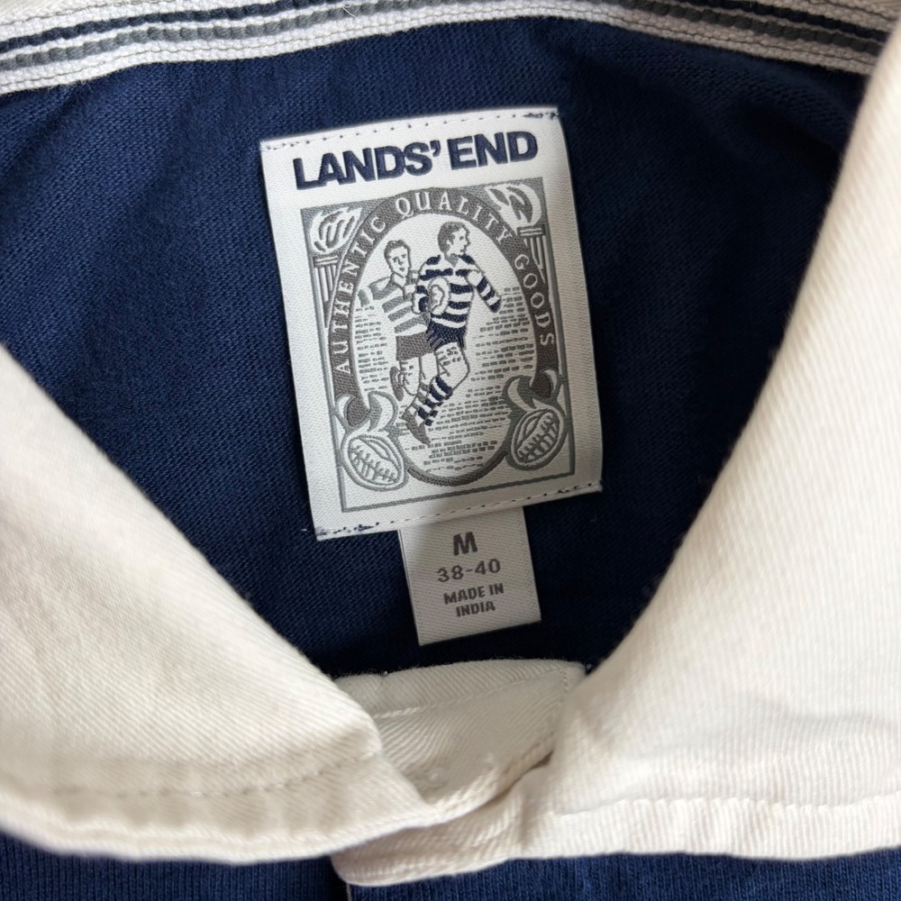 Y2K Lands End Mens Rugby Shirt Long Sleeve Blue Navy Striped M 38-40 Y2K thick - Picture 2 of 5